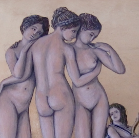 Le tre grazie, dipinto su supporto ligneo 19,8x23,8 eseguito con tempera all'uovo e foglia d'oro,interpretazione da Thorvaldsen Bertel - Thumbs